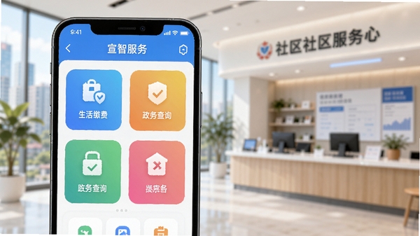 画面主体为一部智能手机屏幕占据视觉中心,屏幕内清晰展示宣智服务的功能主界面,包含生活缴费、政务查询等彩色图标模块;背景为模糊化的现代城市社区服务中心场景,光线明亮柔和,整体风格扁平化且具有科技感,适配Boogu模型生成。