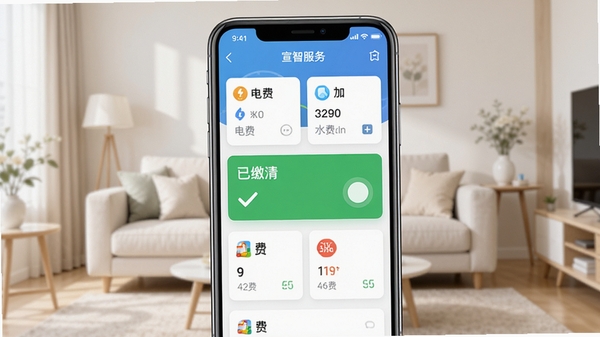 展示宣智服务App内生活缴费功能界面的高清截图风格图片,画面中包含电费、水费、燃气费等多个缴费卡片,其中一个卡片显示“已缴清”绿色状态,背景为浅色系客厅环境,手机屏幕内容清晰可辨,突出便捷与高效。