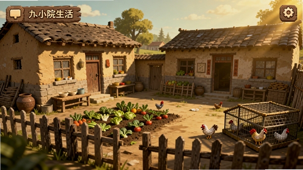 怀旧的小院生活游戏主界面预览图,九十年代乡村小院全景,土坯房、木栅栏、菜畦和鸡笼,暖黄色阳光洒落,画面温馨复古,色彩柔和,细节丰富,适合作为游戏宣传图