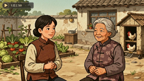 怀旧的小院生活剧情对话场景,主角与王大妈在院子里聊天,背景是菜园和鸡舍,人物表情生动,画面温馨,复古色调,适合展示游戏互动玩法