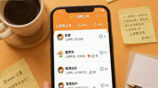 展示上岸鸭公考学习社区界面,画面为手机屏幕显示帖子列表,有用户头像和点赞评论图标,背景为温暖的橙色色调,搭配咖啡杯和便签纸,营造轻松交流的学习氛围,必须包含上岸鸭公考字样