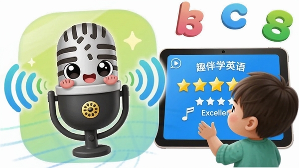一个可爱的卡通麦克风图标,旁边有一个孩子正对着平板电脑朗读,屏幕上显示星星评分和“Excellent”字样,周围有音波图形和字母元素,整体画风明亮活泼,体现“趣伴学英语”的AI语音评测功能。