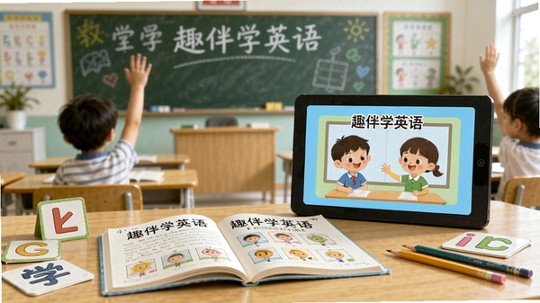 翻开的小学英语课本和动画课件,周围有字母卡片和铅笔,背景是教室黑板,有孩子举手回答问题,画面清晰明亮,体现“趣伴学英语”与教材同步的特点。