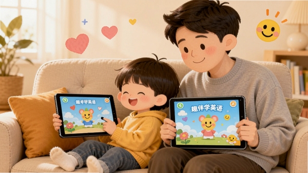 温馨的亲子共学场景,父母和孩子围坐在沙发上,各自拿着平板电脑,屏幕上有互动游戏界面,周围有爱心和笑脸,整体风格温暖,体现“趣伴学英语”的亲子互动功能。