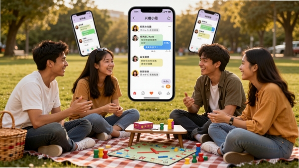挝爱APP的兴趣小组功能展示图,画面中央是一群年轻人在户外草坪上围坐交流,他们面前摆放着野餐垫和桌游道具,手机屏幕悬浮在画面上方,显示着兴趣小组的聊天界面,整体色调温暖活泼,体现真实社交的快乐氛围