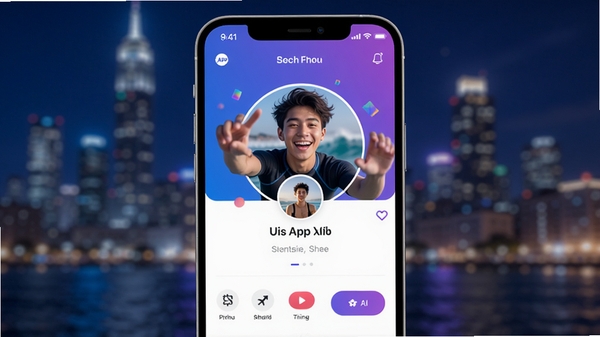 造浪APP主界面预览图,画面中央展示一个充满活力的年轻用户个人主页,背景是模糊处理的都市夜景,整体色调以品牌蓝紫色渐变为主,界面元素清晰,风格现代简洁,突出社交与分享的氛围