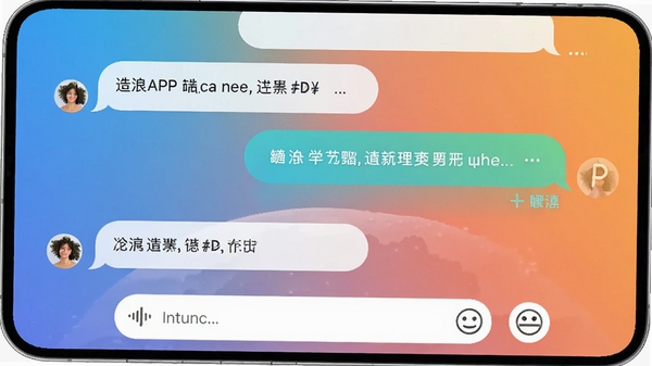 造浪APP聊天界面截图,对话气泡采用圆角设计,背景是渐变色,底部有语音输入和表情符号按钮,整体UI设计精美,展现流畅的社交沟通体验