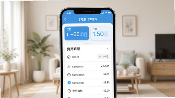 水电费用计算管家主界面预览图,展示清晰的读数输入框和费用明细列表,背景为浅色家居环境,手机屏幕居中,界面元素高亮,风格简洁现代,符合Boogu模型生成要求