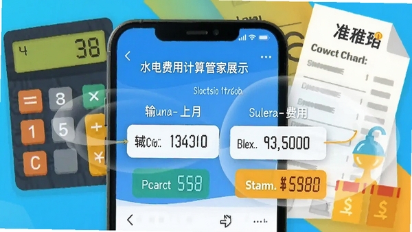 水电费用计算管家智能计算功能展示,手机界面显示输入本月与上月读数后自动生成费用的动画效果,背景有计算器和账单元素,色彩明亮,突出快捷与准确,图片风格为现代扁平化插画