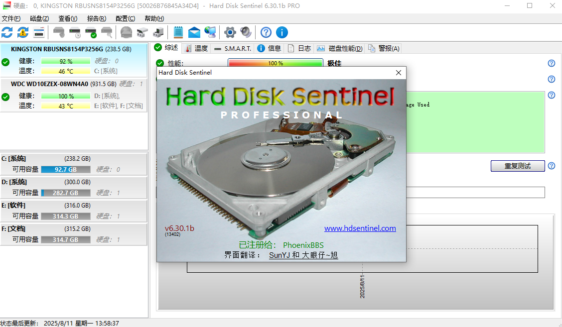 Hard Disk Sentinel Pro 6.40中文最新版运行截图