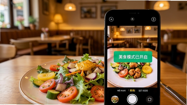 拍me摄影智能场景识别功能演示,手机屏幕显示识别出“美食”模式,画面中有一盘色彩丰富的沙拉,背景是温馨的餐厅环境,界面出现“美食模式已开启”的提示标签,画质细腻,色彩鲜艳