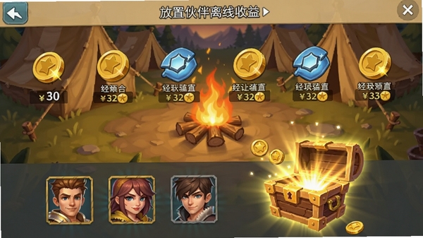 放置伙伴离线收益界面,显示大量金币和经验值图标,角色头像排列在下方,宝箱打开效果,金光闪闪,背景是营地帐篷和篝火,暖色调,画面充满收获感,UI设计简洁明了