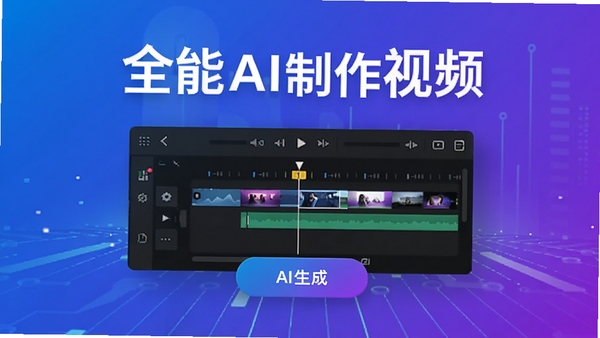 全能AI制作视频主界面预览图,展示其简洁的创作工作台,背景为科技感渐变蓝紫色,中央悬浮着视频编辑时间线与AI生成按钮,画面明亮清晰,突出软件的品牌名称与核心功能