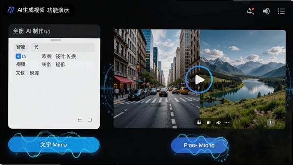 全能AI制作视频文字生成视频功能演示图,左侧为文字输入框,右侧实时预览生成的视频画面,画面中展示动态的城市街景与自然风光切换,界面采用深色模式,按钮高亮显示,体现AI智能转换的高效与便捷
