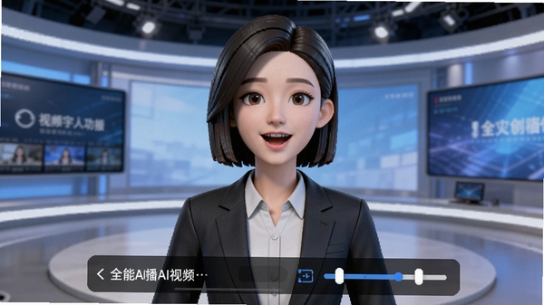 全能AI制作视频数字人播报功能展示,画面中央是一位穿着职业装的虚拟主播,背景为虚拟演播厅,主播面部表情生动,下方显示文本输入与语音调节控件,整体风格明亮专业,突出AI数字人的真实感与定制化选项