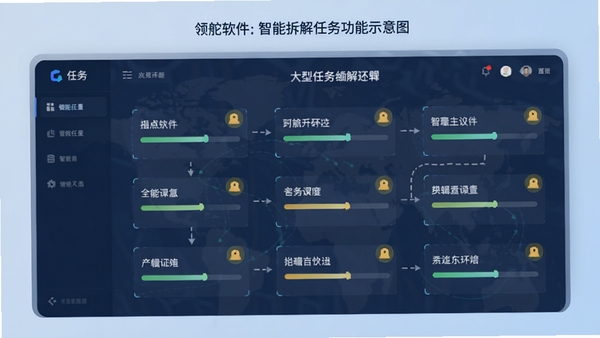 领舵软件智能拆解任务功能示意图,界面展示一个大型任务被分成多个小步骤,每个步骤带有进度条和提醒图标,背景为淡蓝色渐变,突出逻辑清晰与自动化处理