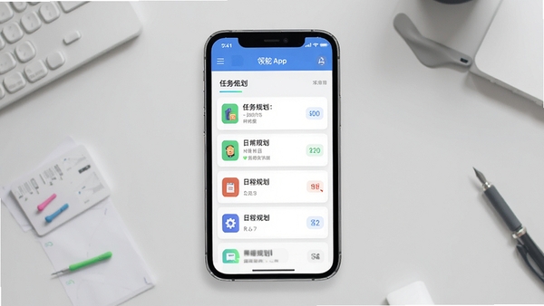 领舵App主界面截图,展示任务列表与日程规划,现代扁平化设计风格,背景为浅灰色工作台,手机屏幕居中显示,图标色彩鲜明,整体氛围专业高效
