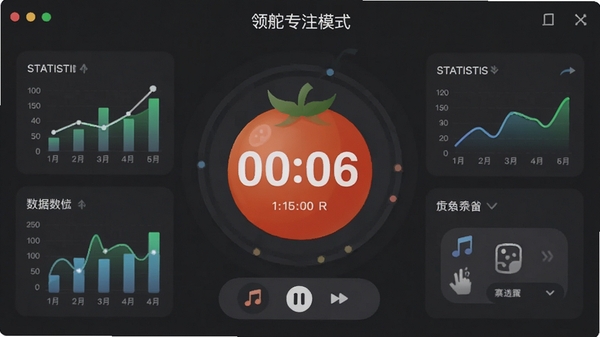 领舵专注模式界面,屏幕中央显示一个番茄钟倒计时,周围有统计图表和音乐控制按钮,背景为深灰色营造宁静感,视觉焦点集中在计时与数据上