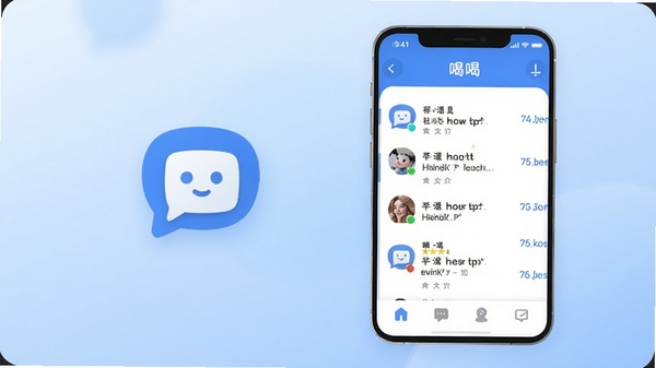 一款名为喝喝的手机社交软件主界面预览图,界面简洁清爽,以蓝白为主色调,展示有聊天列表和底部导航栏,画面中央偏左位置有一个聊天气泡图标,背景为柔和的渐变色,整体风格现代且友好