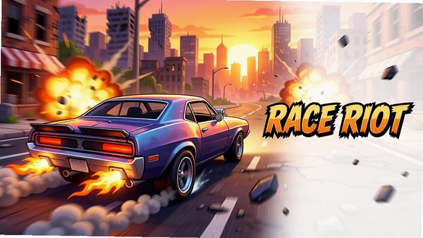 Race Riot 游戏主视觉图,一辆改装肌肉车在废弃都市街道上疾驰,车尾拖着火焰与烟雾,背景是夕阳下的城市剪影,周围有爆炸与飞溅的碎片,美式卡通渲染风格,高饱和度色彩,动态模糊效果,画面充满速度感与混乱感,垂直构图,主体车辆占据画面中心偏左,右侧留白用于文字