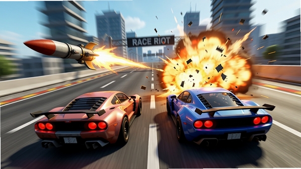 Race Riot 游戏内道具对抗场景,两辆赛车在高速公路上并排行驶,左侧车辆发射导弹击中右侧车辆,产生巨大爆炸,碎片飞溅,画面动感强烈,采用3D渲染,视角跟随导弹轨迹,背景是模糊的城市建筑,强调攻击瞬间的爆发力与色彩对比,水平构图,主体位于画面中央