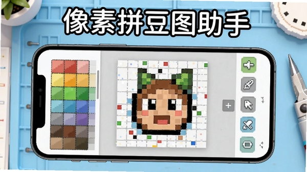 像素拼豆图助手主界面展示图,手机屏幕显示像素画编辑界面,左侧为色板,中间为网格画布,右侧为工具按钮,背景为淡蓝色工作台,整体风格简洁明亮,突出软件名称像素拼豆图助手