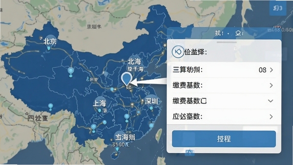 社保医保手机计算的城市选择界面,地图上标出北京上海广州深圳等城市,点击后弹出缴费基数列表,画面清晰直观,适合教程配图