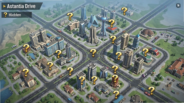 Astana Drive 游戏开放世界地图界面,俯视视角展示城市全貌,道路交错,地标建筑清晰可见,界面简洁,地图上有金色问号图标表示隐藏收集品,适配游戏宣传图风格