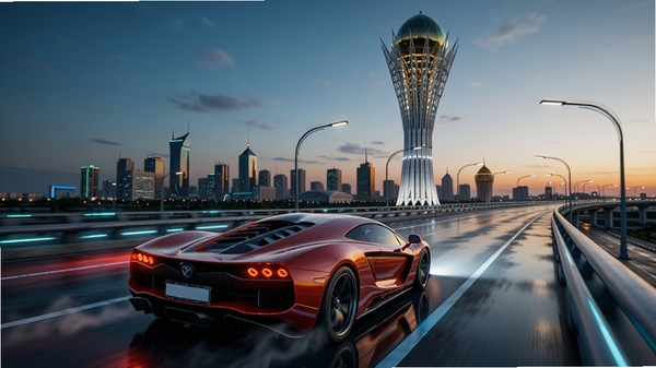 Astana Drive 游戏封面图,一辆红色超级跑车在努尔苏丹地标巴伊杰列克观景塔前的未来感高架桥上疾驰,背景是黄昏时分的城市天际线,光影反射在车身上,画面具有电影感,细节丰富,适配竖屏手机壁纸
