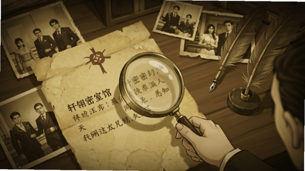 轩翎密室馆游戏内截图,角色手持放大镜查看桌上一封泛黄的信件,信件特写与背景中散落的旧照片、羽毛笔形成呼应,画面色调偏复古黄,突出剧情解谜的沉浸感