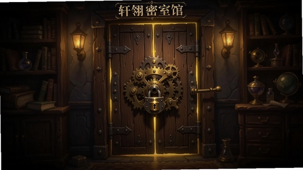 轩翎密室馆游戏主界面预览图,画面中央是一扇古朴的木质密室大门,门上有复杂的机械锁,周围环境昏暗,暖黄色灯光从门缝透出,整体氛围神秘且充满探索感,背景隐约可见书架和古董摆件