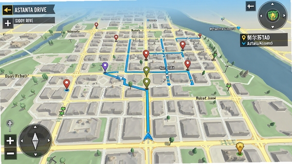 Astana Drive游戏内地图界面,展示努尔苏丹市街道布局,带有导航路线与任务标记点,UI设计清晰,地图缩放视图,游戏截图