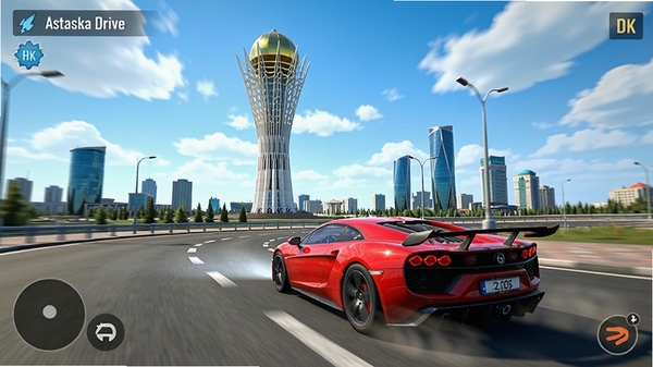 Astana Drive游戏主视觉图,展示一辆红色跑车在努尔苏丹标志性建筑巴伊杰列克观景塔前的城市街道上疾驰,背景是蓝天白云和现代建筑群,画面充满速度感与细节,光线明亮,色彩饱满,8k分辨率,游戏截图风格
