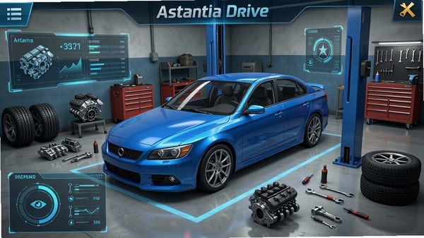 Astana Drive车辆改装界面,展示一辆蓝色轿车在改装车间内,周围有引擎零件、轮胎和工具,画面带有科技感UI界面,细节丰富,游戏截图风格