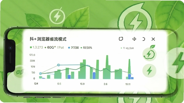 抖+浏览器省流模式界面,手机屏幕显示流量节省数据图表,背景有绿色树叶和节能图标,体现节能高效的特点