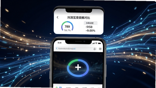 抖+浏览器极速加载功能展示,手机屏幕中网页瞬间完成加载,上方显示加载速度对比数据,背景有流动的光线特效,强调快速与流畅