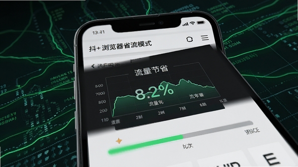 抖+浏览器省流模式界面,显示流量节省百分比图表,背景为绿色数据线条,手机屏幕中展示网页加载进度条,整体风格科技感十足