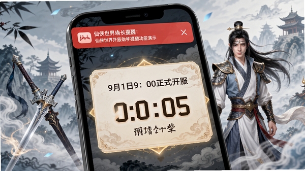 仙侠世界开服助手提醒功能演示图,手机屏幕亮起显示“9月1日9:00正式开服”倒计时卡片,背景为仙剑与古风元素,通知栏出现红色提醒横幅,画面简洁醒目,突出时间紧迫感与实用性