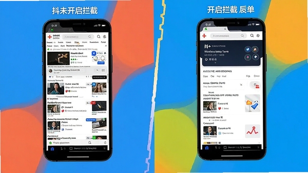 抖+浏览器广告拦截功能对比图,左侧为未开启拦截的杂乱网页,右侧为开启拦截后的清爽页面,背景为手机屏幕截图对比样式,色彩明亮