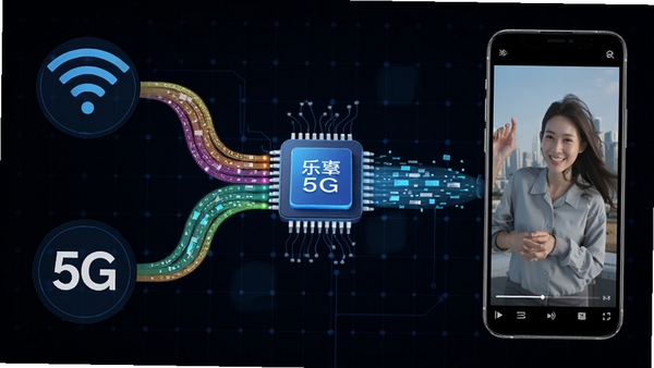 ��������������·��ѡ����ʾ��ͼ�����������ʾWi-Fi��5G�����ź�Դ���м���һ������оƬ���������Ҳ����ֻ���Ļ���������ŵ���Ƶ���棬�ź�Դͨ��������ɫ���߻�۵�оƬ��������ȶ�������������Ϊ��ɫ�Ƽ�����ͻ�����ܵ������Ż����̡�