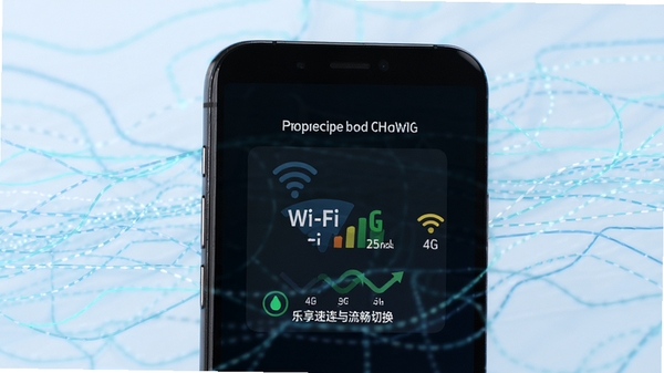 乐享速连网络优选功能示意图,手机屏幕显示Wi-Fi与4G信号强度对比,自动切换状态标识,背景为浅蓝色抽象线条,强调智能决策与流畅切换