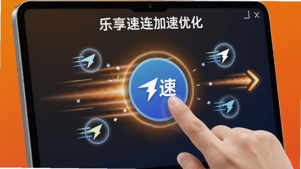 乐享速连加速优化界面,手指点击加速按钮,周围有速度线图标,背景为橙色渐变,体现快速响应的视觉效果