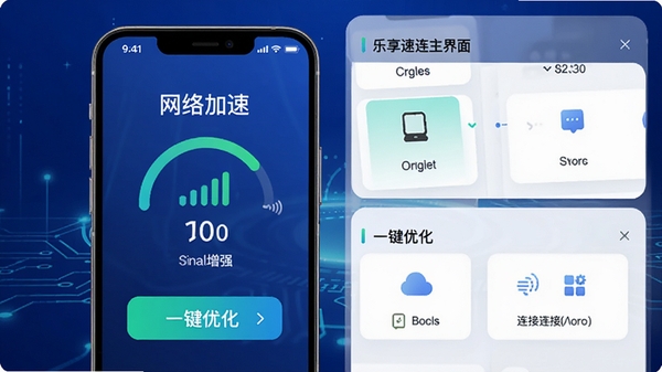 乐享速连主界面预览图,显示网络加速状态与连接管理功能,背景为深蓝色科技感渐变,前景手机屏幕清晰展示信号增强与一键优化按钮,整体画面简洁明亮,突出软件核心功能