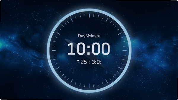 ����ʱDayMaste�����棬չʾһ������Բ�ε���ʱ���̣�������ʾʣ������������������Ϊ���������ɫ�ǿգ���Χ��׺��΢�����ǹ⣬���̱�Ե�е���ɫ�Ĺ��Σ��������ִ��ҳ����Ƽ��У�����ɾ���ͻ������ʱ���Ĺ��ܡ�