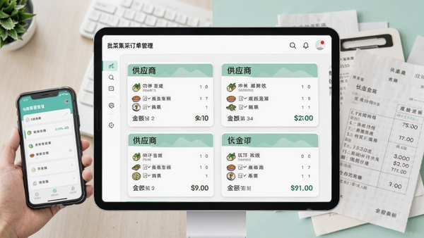 批菜集采订单管理界面,屏幕上清晰展示多张采购订单卡片,每张卡片包含供应商名称、食材列表、金额统计,背景是手机与纸质单据的对比场景,色调清新明亮,突出数字化管理的高效与便捷