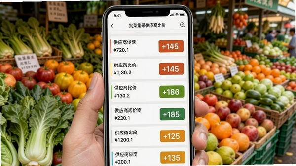 批菜集采供应商比价界面,手机屏幕上显示多个供应商的报价列表,价格用不同颜色标注,背景为蔬菜水果摊位的丰富色彩,画面生动,突出价格对比的直观性与实用性