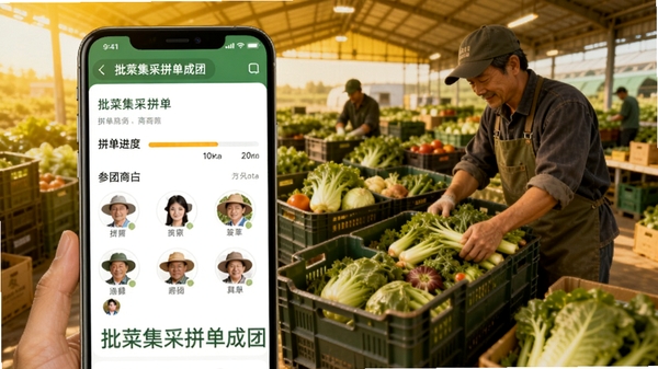 批菜集采拼单成团界面,手机屏幕上显示拼单进度条与参团商户头像,背景为蔬菜基地装箱场景,画面采用暖黄色调,体现协作与实惠的氛围