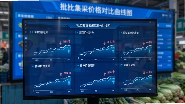 批菜集采价格对比曲线图界面,屏幕展示多种蔬菜的价格走势折线图,并标注涨跌箭头,背景为模糊的批发市场电子屏,色调以蓝白为主,数据可视化风格清晰明了