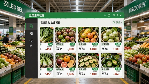 批菜集采软件主界面预览图,画面中央显示蔬菜水果等生鲜商品列表与价格标签,背景为现代农批市场摊位场景,整体色调明亮清新,突出移动采购的便捷与高效