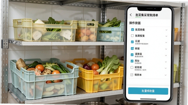 批菜集采常购清单操作界面,手机屏幕显示勾选列表与批量修改数量按钮,背景为后厨储物架上的食材箱,色调明亮简洁,突出高效复购的操作流程